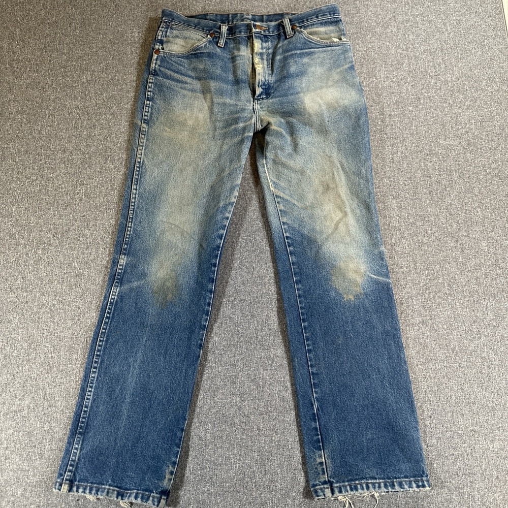 Wrangler 936PWD 34x32 Light Wash Distressed Jeans Slim Bootcut Raw Hem Western